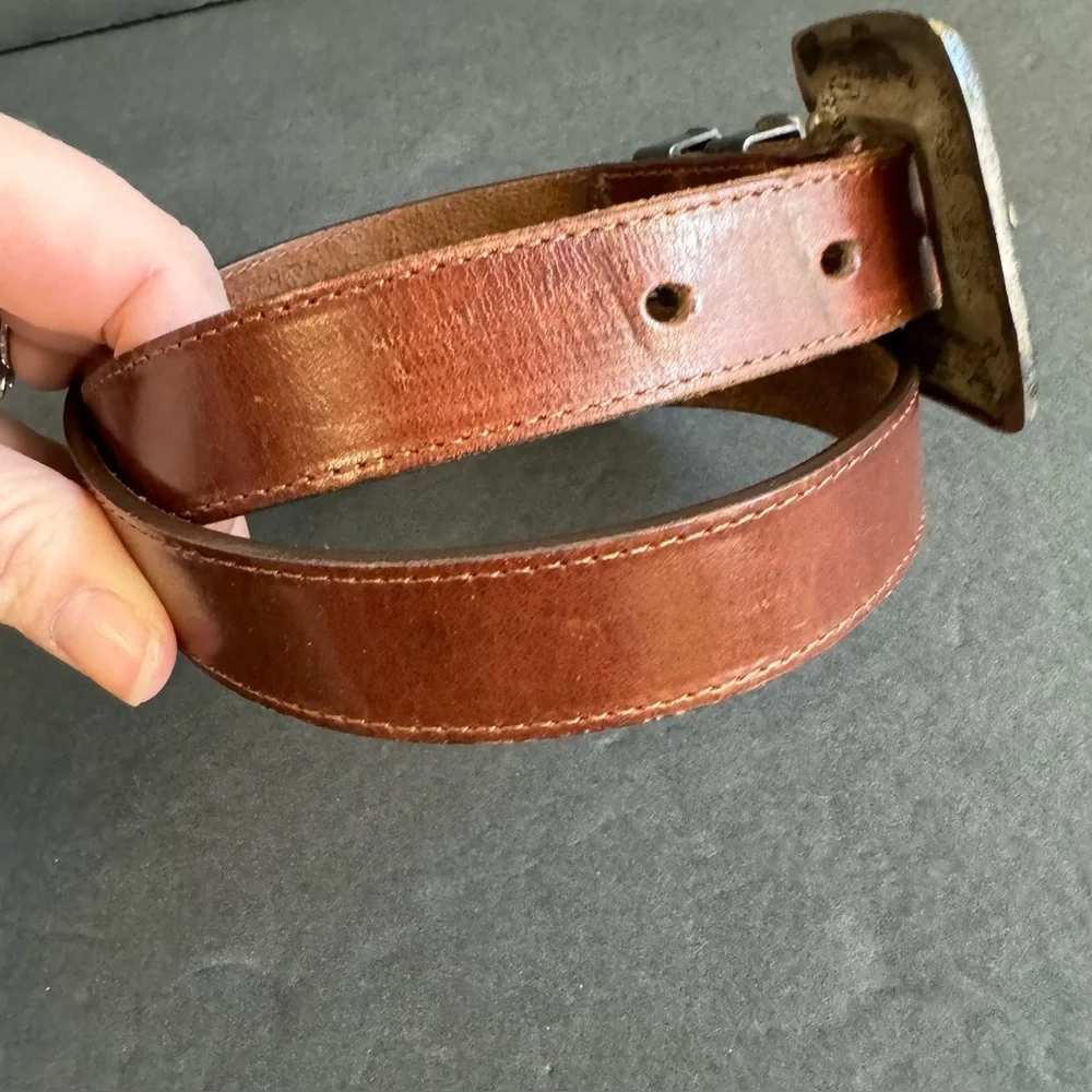 Y2K Brown Leather Belt‎ Eddie Bauer Tarnished Silver Tone Buckle Womens Medium